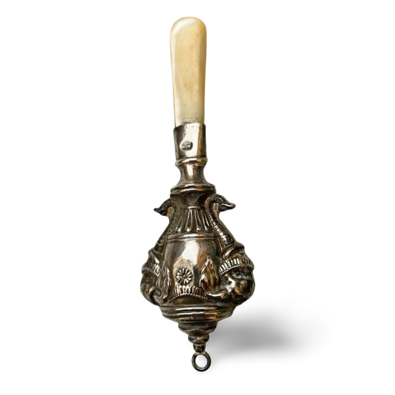 Antique silver baby rattle with mother of pearl teething stick