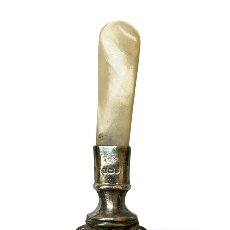 Antique silver baby rattle with mother of pearl teething stick
