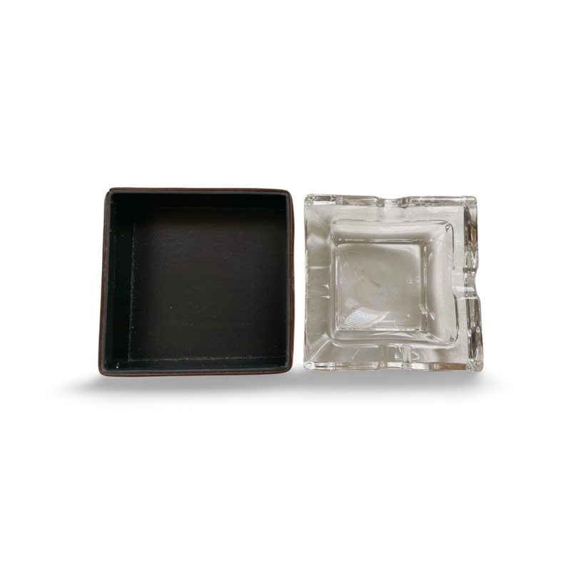Square glass ash tray with fine handmade leather box by H+K