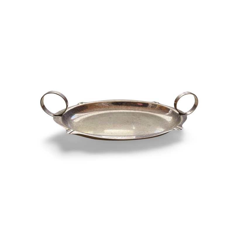 Oval silver-plated tray with two round handles on side