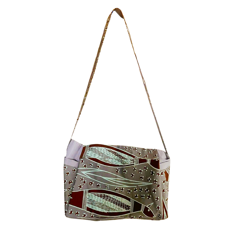 Fair Trade-Indigenous Textiles: Shoulder Bag - Periwinkle and brown with Australian fauna
