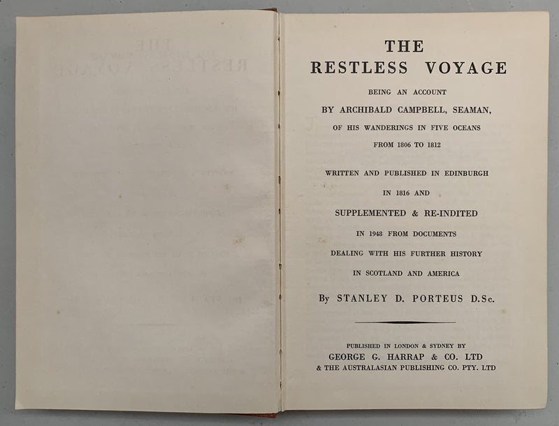 The Restless Voyage by Stanley D. Porteous D.Sc.