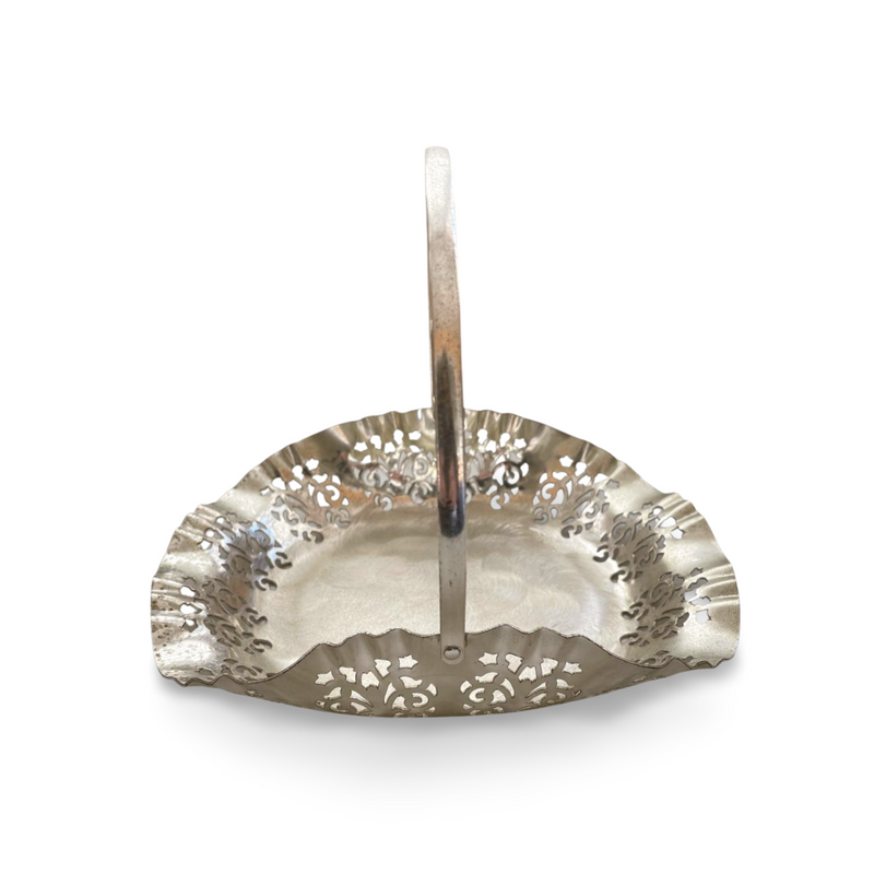 Round square silver-plated tray with decorative openwork on edge plus adjustable handle