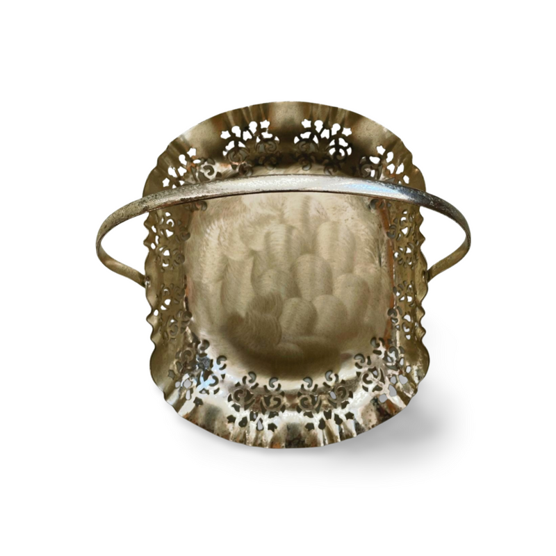 Round square silver-plated tray with decorative openwork on edge plus adjustable handle