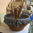 Wicker Picnic Basket with Navy Stripe Lining – Includes Cups, Plates & Salt Shakers